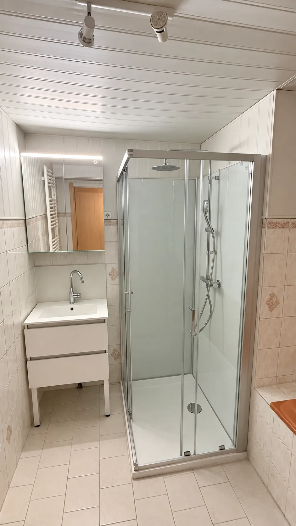 Salle de bains avec cabine de douche vitrée, meuble vasque blanc et miroir éclairé.